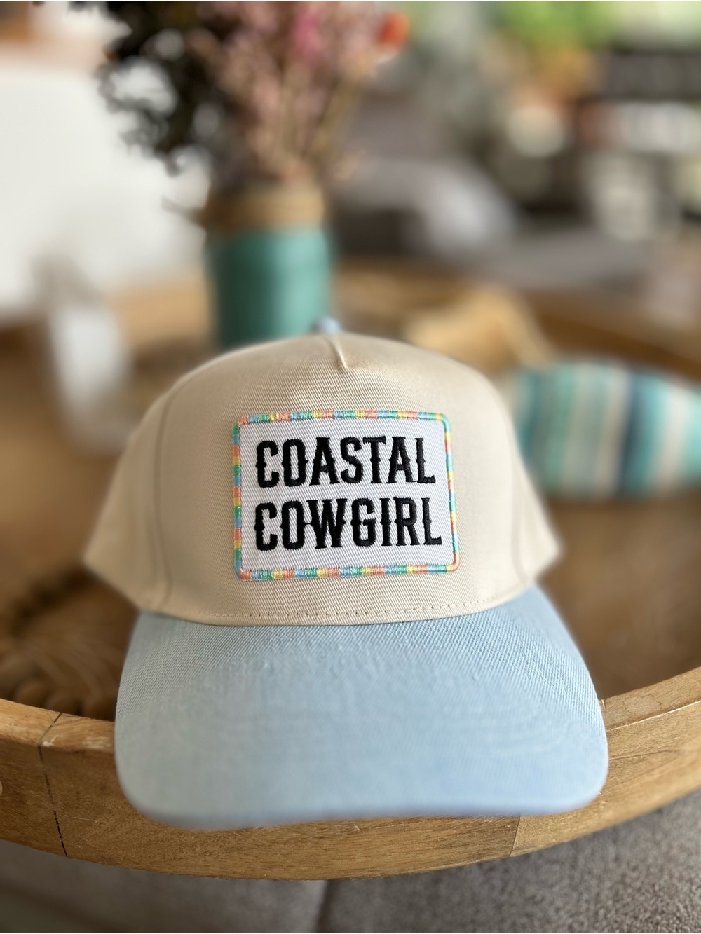 David & Young Coastal Cowgirl Snapback Hat NWT Cream & Blue Beach Western Cap